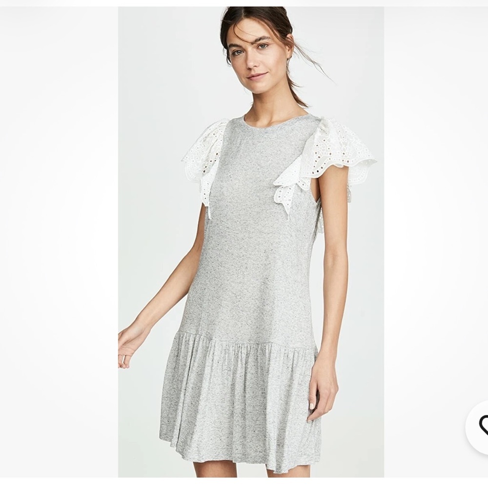 NWT Rebecca Taylor Eyelet Sleeve Jersey Dress Gray White Short Ruffle Hem Sz XS - Picture 1 of 13